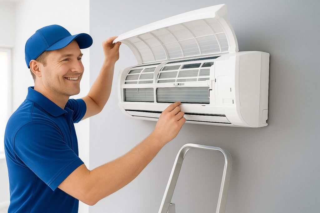 Technician programs a newly installed ductless mini split system in a modern living room